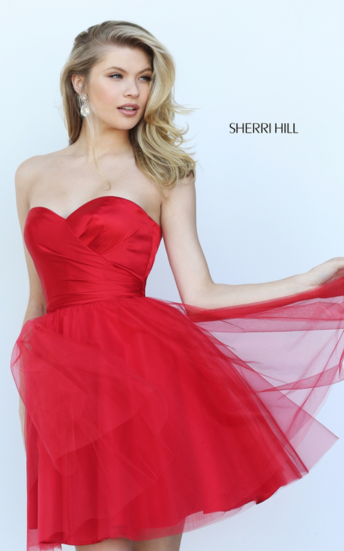 A Line Sherri Hill 50657 Satin Tulle Cocktail Dress Red