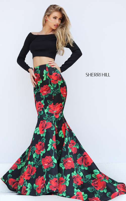 Black Red Print Sherri Hill 50584 Sleeved Fitted Dress 2016