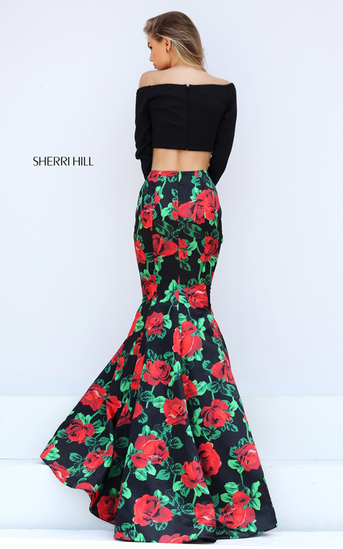 Black Red Print Sherri Hill 50584 Sleeved Fitted Dress 2016_1