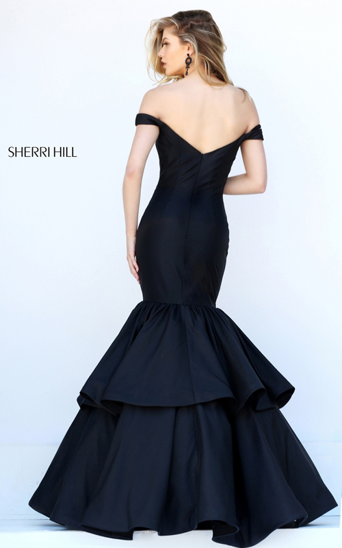 Off Shoulder Sherri Hill 50718 Black Tiered Ruffled Mermaid Dress_1