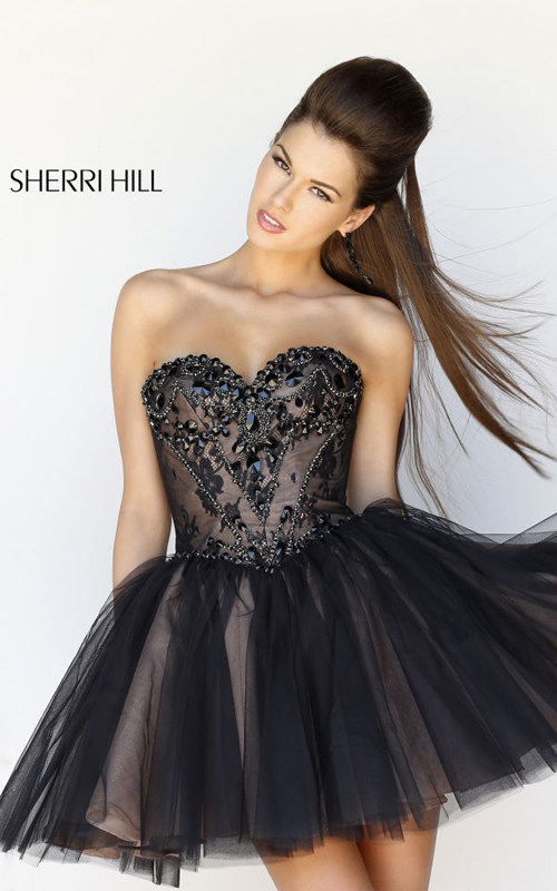 Black Nude Sherri Hill 21156 Short Prom Dress Beads