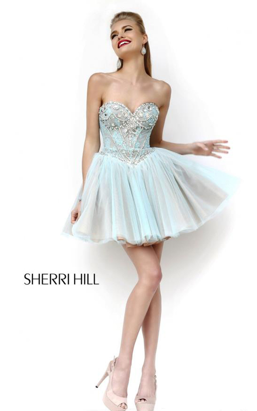Short Aqua Nude Sherri Hill 21156 Lace Prom Dress-1